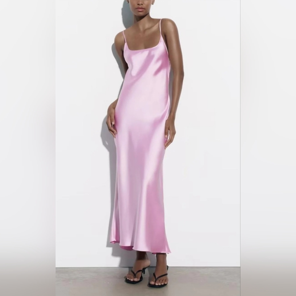 ZARA Midi Satin Camisole Slip Dress Pale Pink Womens Size S
